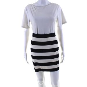 Theory Womens Elastic Waist Knit Stripe Mini Pencil Skirt Navy White Size Small